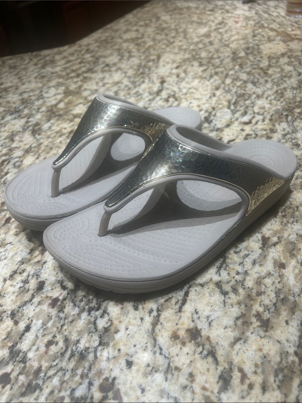 Crocs Metallic Silver Gray Flip Flop Sandals